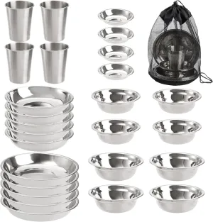 TOPZEA Set of 26 Stainless Steel Camping Plates and Bowls, Camping Mess Kits Camping Dish Set Tableware includes Plates, Bowl, Cups, Stainless Steel Dinnerware for Camping, Hiking, Travel, Picnic