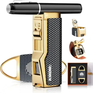Torch Lighter and Cutter Set, with Quad Jet Flames, Built-in Punch & Holder, Practical Gifts for Men, Windproof Butane Lighter with Accessories Kit, Multi-functional Lighter Set for Travel, Outdoors