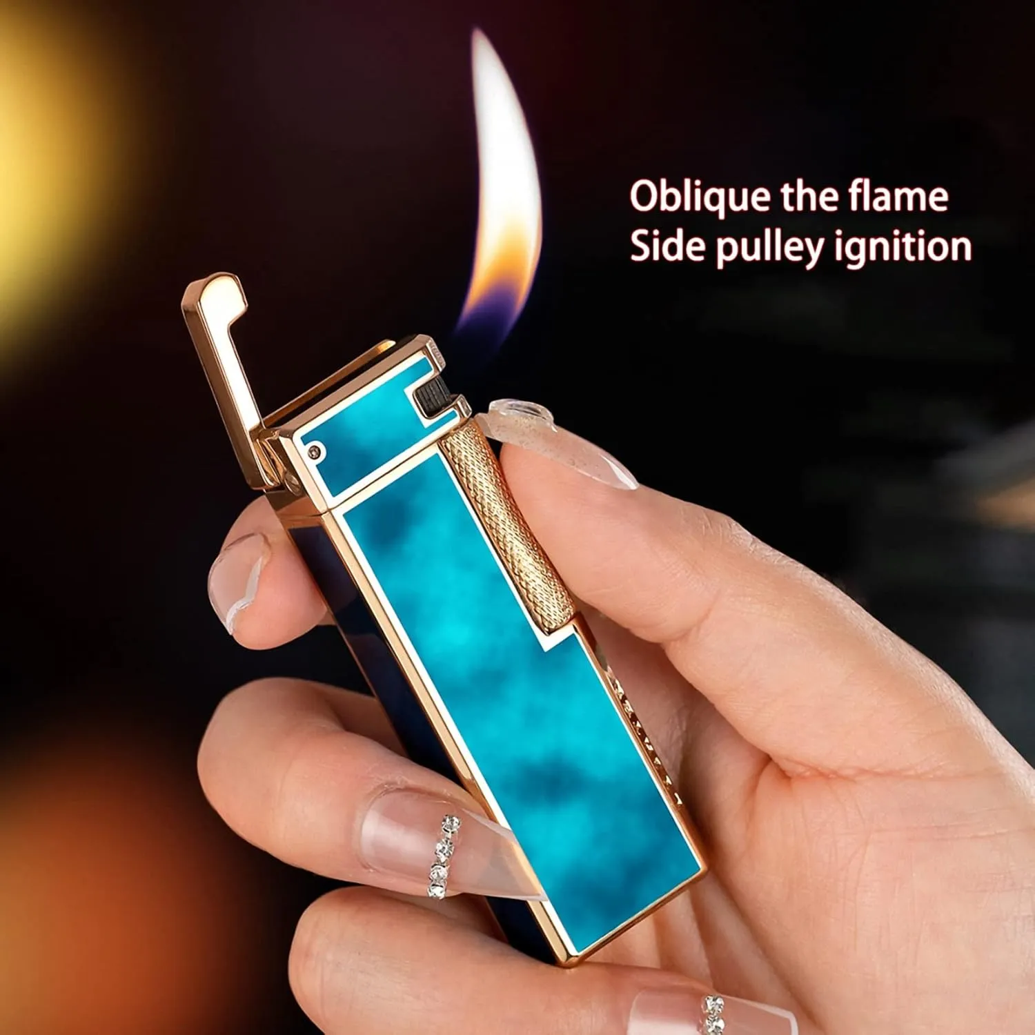 Torch Lighter, Blue Jet Flame Lighter, 45 ° Clamp The Flame Lighter, Butane Refillable Metal Lighter Adjustable Torch Lighter Great Tool for Candle Grill BBQ Brithday Gift (Fuel not Included) (Green)