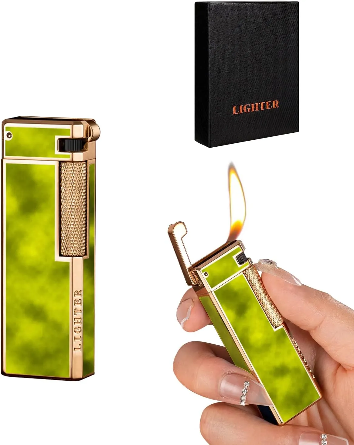 Torch Lighter, Blue Jet Flame Lighter, 45 ° Clamp The Flame Lighter, Butane Refillable Metal Lighter Adjustable Torch Lighter Great Tool for Candle Grill BBQ Brithday Gift (Fuel not Included) (Green)