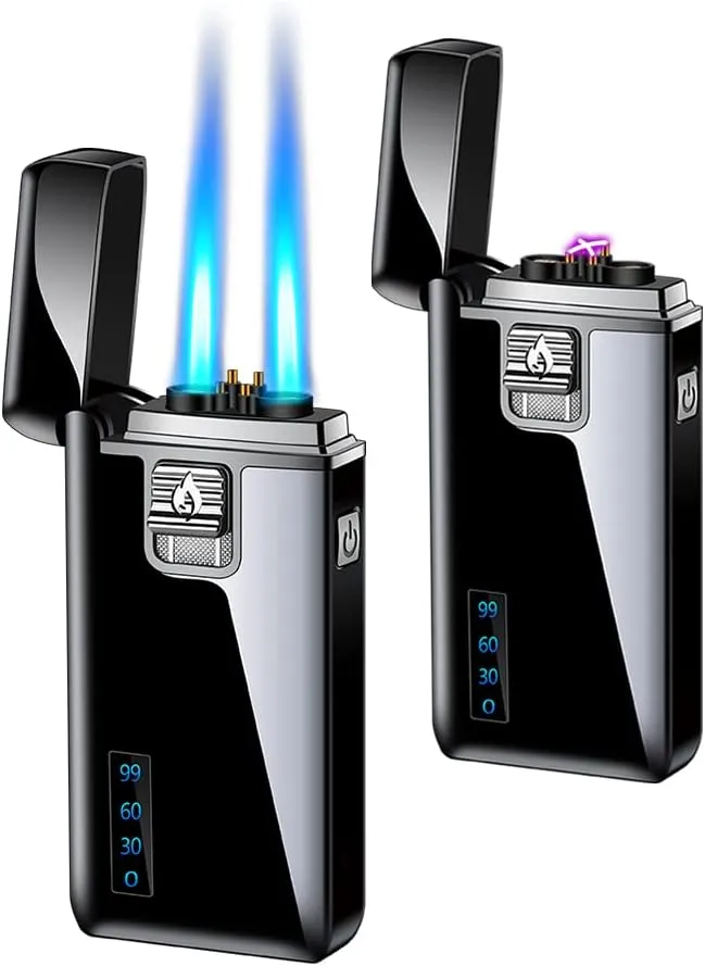 Torch Lighter Electric Arc Lighter 2 in 1 Dual Jet Flame Butane Lighter Refillable Butane Dual Arc Electric Lighter USB Rechargeable Lighter Windproof Lighter for Candle Kitchen BBQ No Gas (Black)