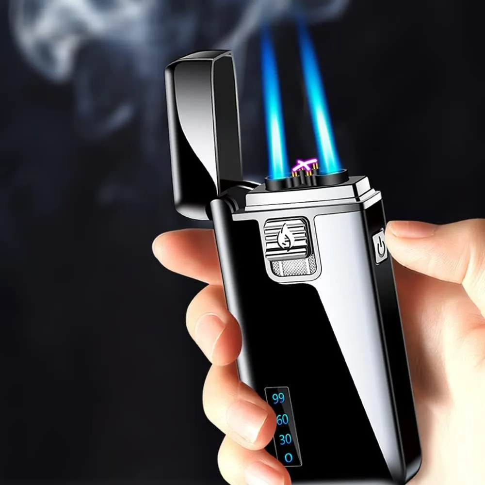 Torch Lighter Electric Arc Lighter 2 in 1 Dual Jet Flame Butane Lighter Refillable Butane Dual Arc Electric Lighter USB Rechargeable Lighter Windproof Lighter for Candle Kitchen BBQ No Gas (Black)