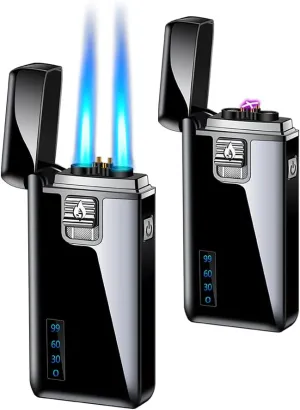 Torch Lighter Electric Arc Lighter 2 in 1 Dual Jet Flame Butane Lighter Refillable Butane Dual Arc Electric Lighter USB Rechargeable Lighter Windproof Lighter for Candle Kitchen BBQ No Gas (Black)