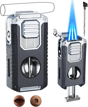 Torch Lighter Refillable Butane with Windproof Triple Jet Flame Lighter with V Cutter - Butane Not Included (Black Silver) Multifunctional Accessories Gift Set for Man