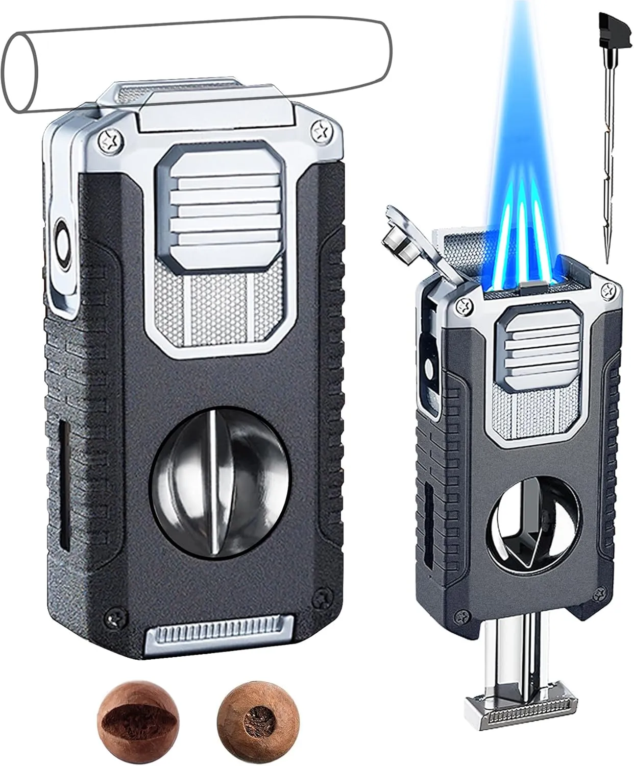 Torch Lighter Refillable Butane with Windproof Triple Jet Flame Lighter with V Cutter - Butane Not Included (Black Silver) Multifunctional Accessories Gift Set for Man
