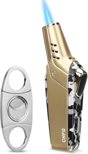 Torch Lighters Refillable Butane Windproof Adjustable Jet Flame Lighter Visible Window with Cutter Set，Great Gift for Men (Camouflage)