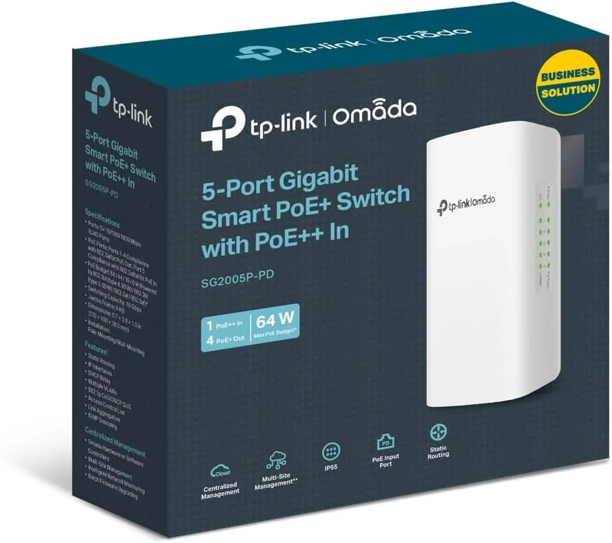 TP-Link Omada SG2005P-PD | 5 Port Outdoor PoE Passthrough Gigabit Ethernet Switch | 1 PoE   in@90W, 4 PoE  Out Up to 64W | IP55, Static Routing, Access Control List, QoS, VLAN | PoE Powered ONLY