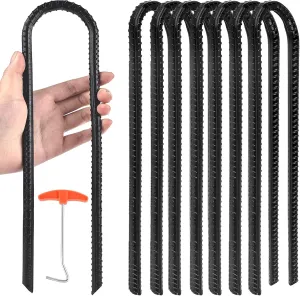 Trampoline Ground Wind Stakes Anchors High Wind Heavy Duty, 8 Pack 12 Inch U-Shaped Rebar Tent Stakes for Camping Tents, Soccer Goals,Fences, Swing, Landscape,Garden Decoration