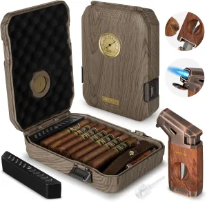Travel Cigar Humidor Case - Cedar Lined, V Cut Cutter, Portable Humidor with Humidifier & Hygrometer, Holds 7-9 Cigars, Includes Lighter - Gift Set