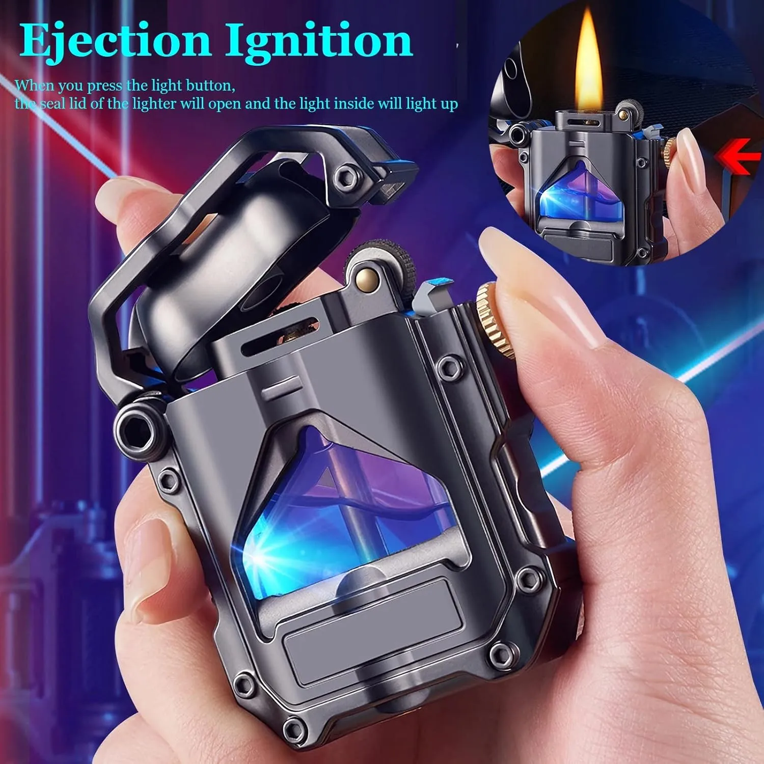 Trench Lighter Cool Steampunk Kerosene Lighter with Blue LED Light, Novelty Transparent Mechanical Lighter Unique Gifts for Men (Black), 2.36x2x0.7