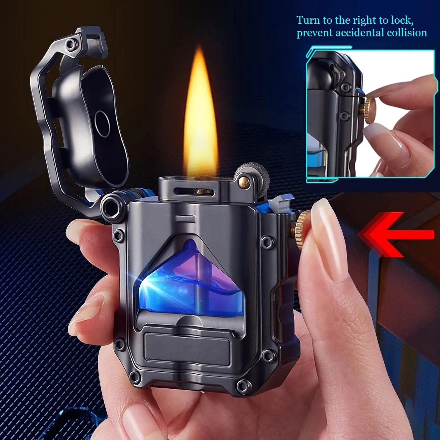 Trench Lighter Cool Steampunk Kerosene Lighter with Blue LED Light, Novelty Transparent Mechanical Lighter Unique Gifts for Men (Black), 2.36x2x0.7