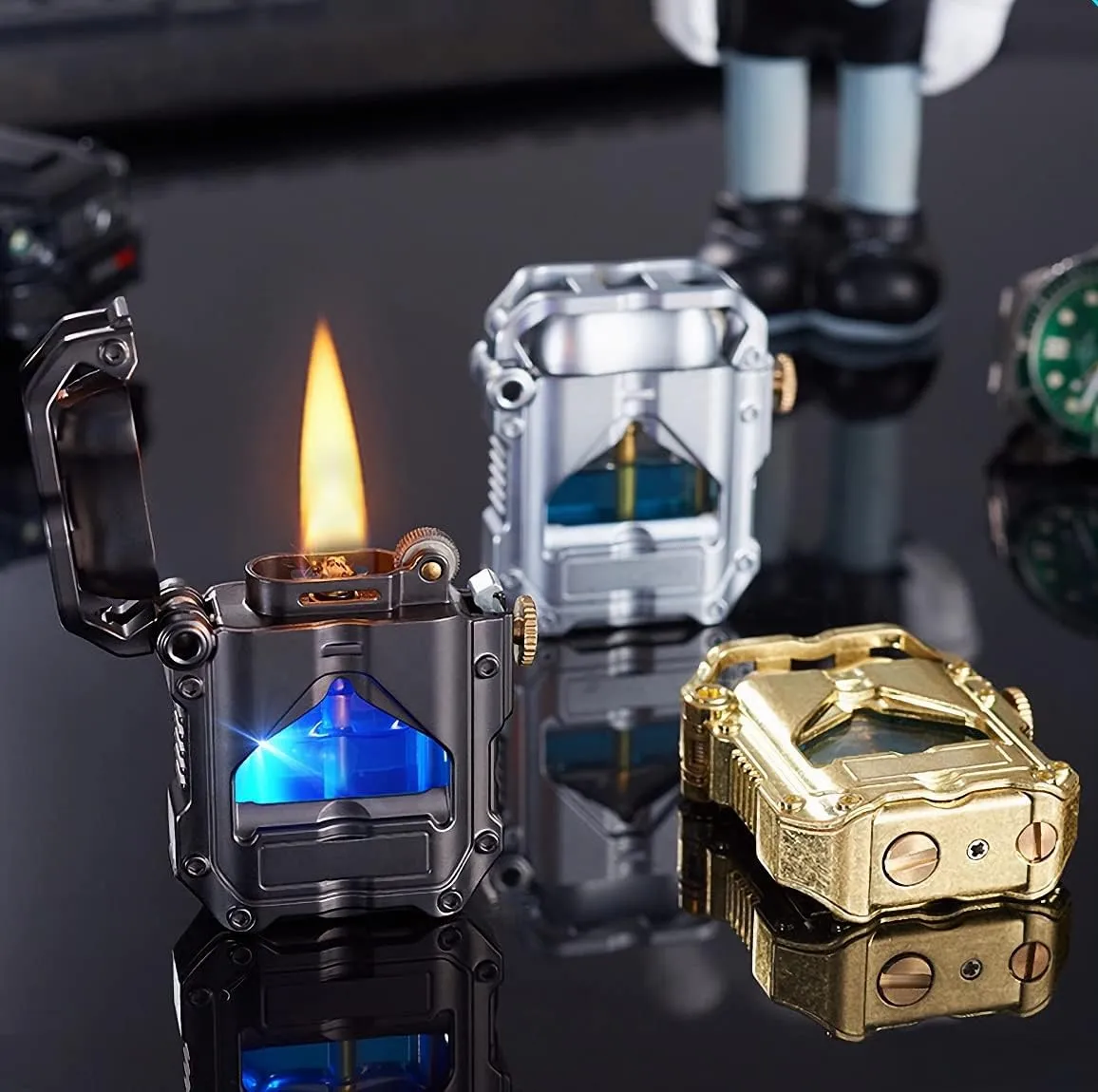 Trench Lighter Cool Steampunk Kerosene Lighter with Blue LED Light, Novelty Transparent Mechanical Lighter Unique Gifts for Men (Black), 2.36x2x0.7