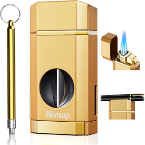 Triple Jet Torch Lighter with One-Touch Cutter, Holder, Draw Enhancer Tool, Gifts for Men, Butane Refillable Lighter, Multifunctional All-in-one Lighter with Accessories, for Outdoor Travel, Candles