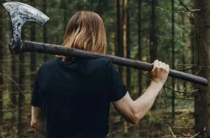 Two Handed 38 Inch Long Custom Hand Forged Carbon Steel Medieval Axe, Forged Axe, Leather Engraving On Handle Hatchet with Leather Sheath, Best for Hunting, Camping Wood Cutting, Gift for Him