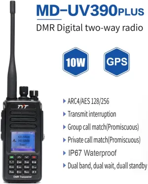TYT MD-UV390 Plus 10W GPS Digital Two Way Radio Waterproof IP67 Walkie Talkie with AES256 Encryption Dual Band DMR Radio