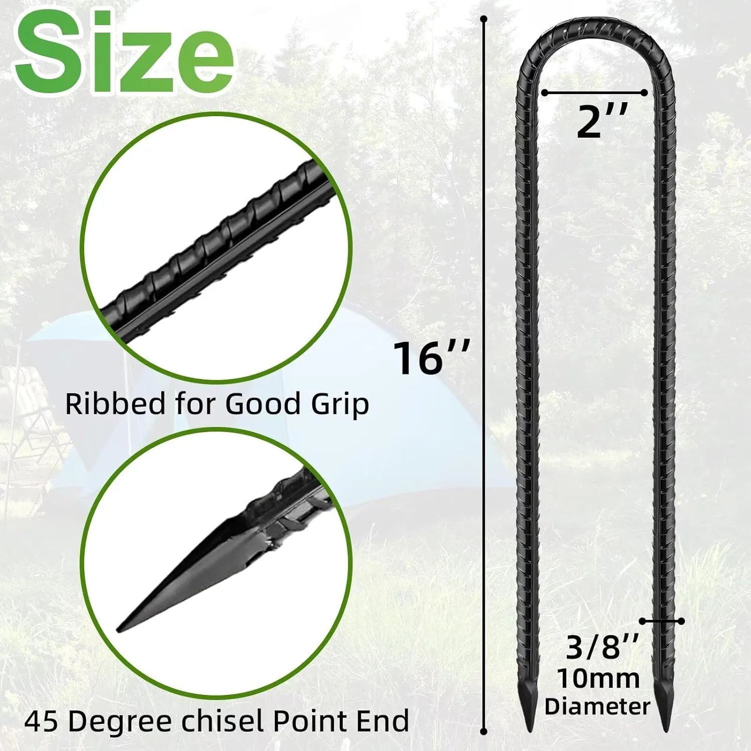 U Shaped Rebar Stakes 16 Inch Black,Galvanized Rebarstakes 4 Pack Ground Rebar Stakes,Tent Stakes Heavy Duty Ground Anchors for Position Stakes Kits,Fences Stake,and Trampolines Stake