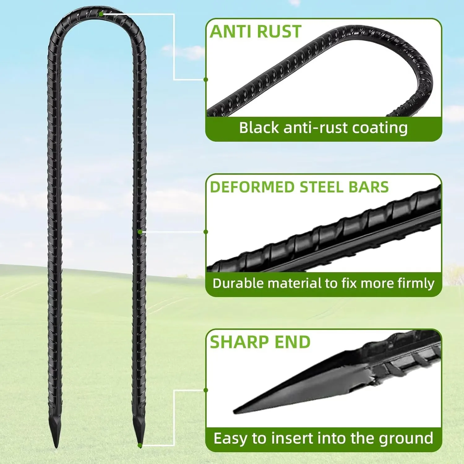 U Shaped Rebar Stakes 16 Inch Black,Galvanized Rebarstakes 4 Pack Ground Rebar Stakes,Tent Stakes Heavy Duty Ground Anchors for Position Stakes Kits,Fences Stake,and Trampolines Stake