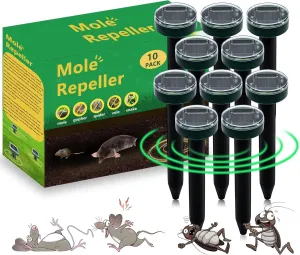 Ultrasonic Solar Powered Mole Repellent - 10 Pack for Lawns, Gardens, Yards - Effective Gopher, Snake, Vole Deterrent - Sonic Spikes Stakes Chaser - All Pests Control