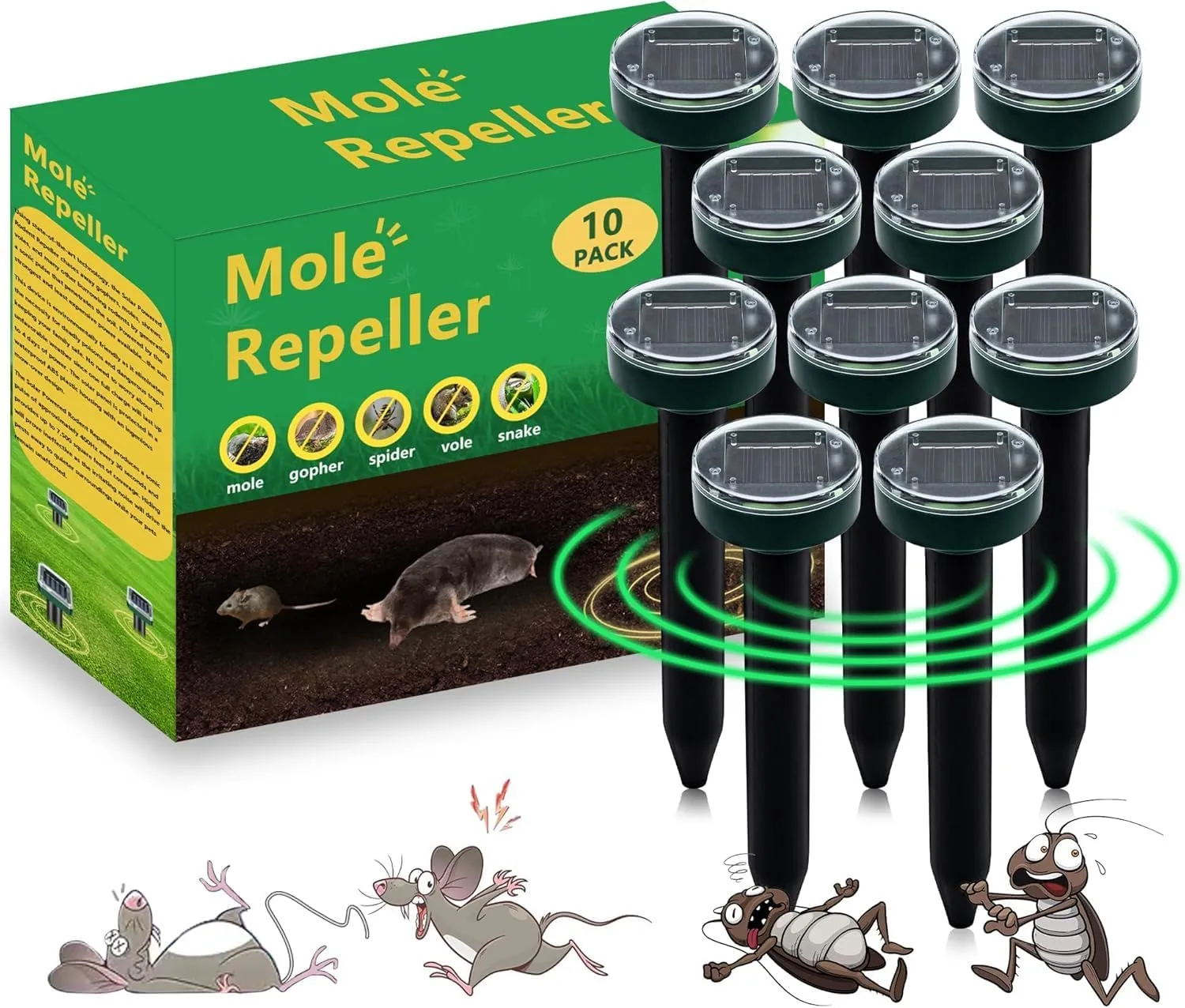 Ultrasonic Solar Powered Mole Repellent - 10 Pack for Lawns, Gardens, Yards - Effective Gopher, Snake, Vole Deterrent - Sonic Spikes Stakes Chaser - All Pests Control