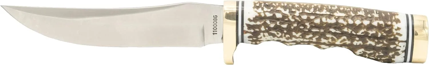 Uncle Henry 153UH Next Gen Golden Spike Knife with 5in High Carbon S.S. Fixed Blade, Staglon Handle, Sharpening Stone, and Leather Belt Sheath for EDC, Hunting, Survival, Camping and Outdoors