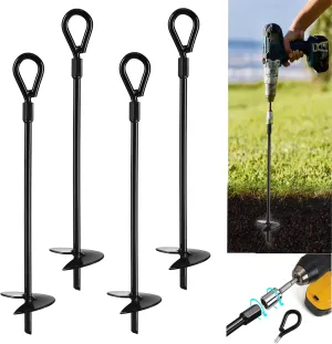 VASGOR 20” Ground Anchors (4pcs) Easy to Use with Drill, 3" Helix Diameter, Heavy Duty Anchor Hook for Camping Tent, Canopies, Car Ports, Sheds, Swing Sets, Securing Animals – Black Powder Coated