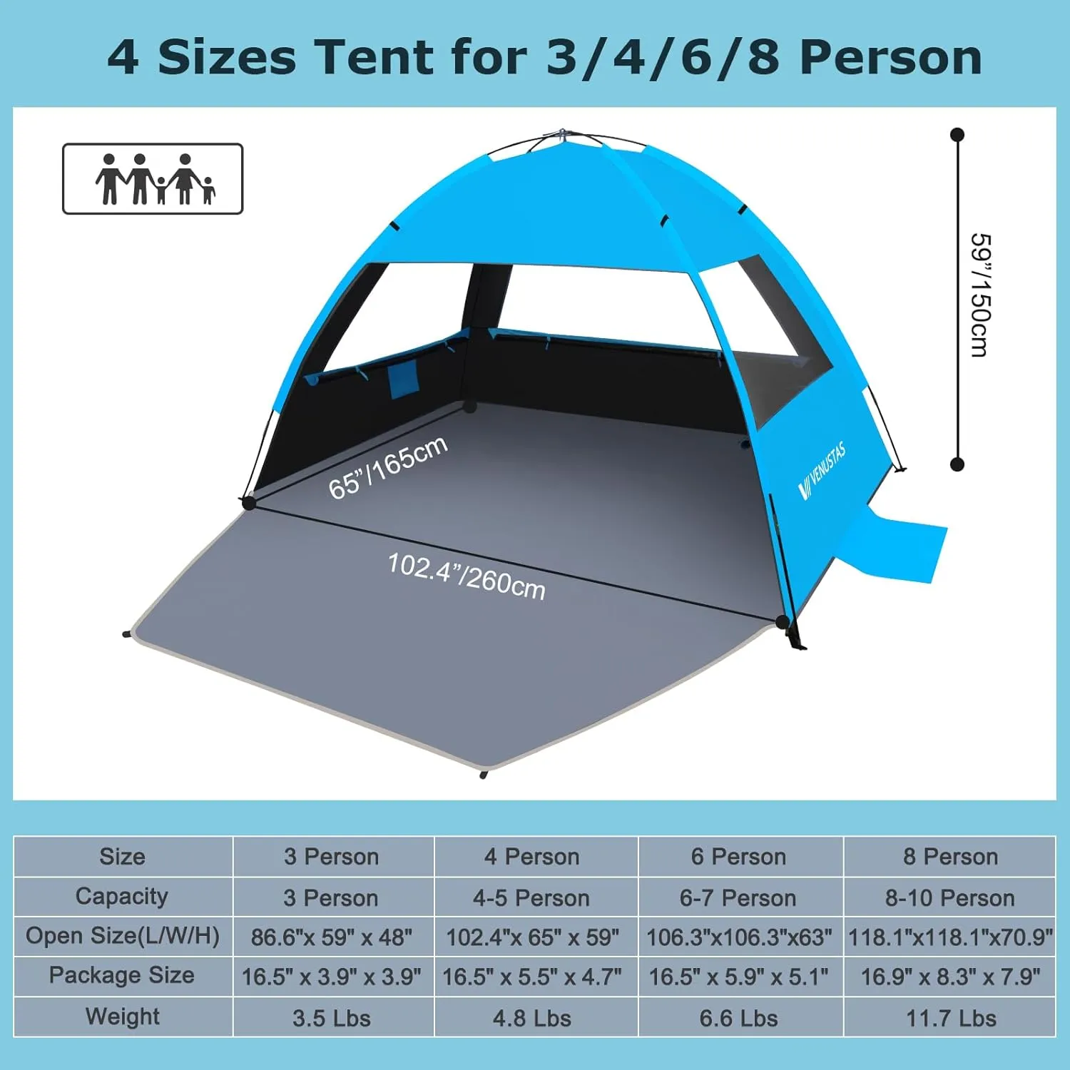 Venustas Beach Tent Sun Shelter for 3-10 Person, UPF 50  UV Protection Canopy, Lightweight and Easy Setup Cabana, Portable Beach Shade