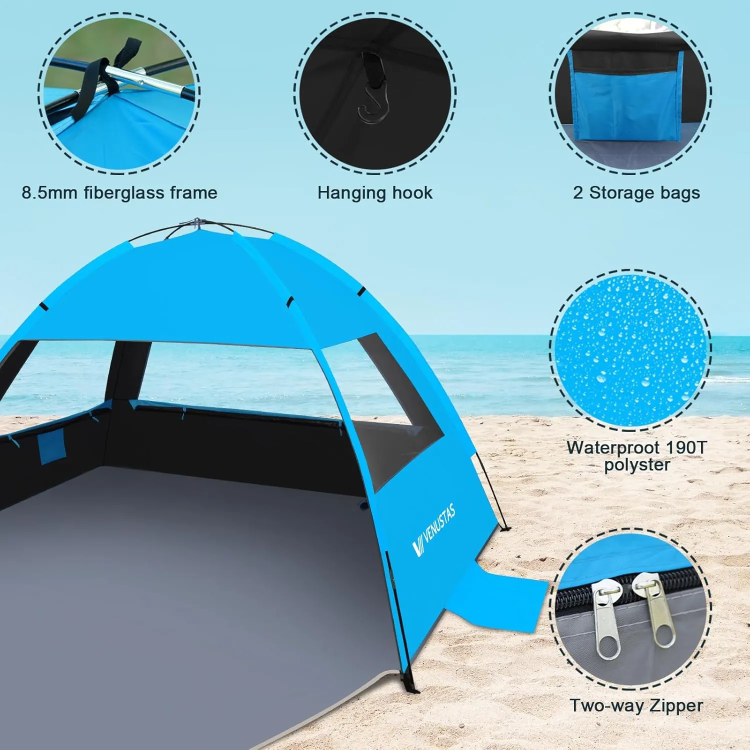 Venustas Beach Tent Sun Shelter for 3-10 Person, UPF 50  UV Protection Canopy, Lightweight and Easy Setup Cabana, Portable Beach Shade
