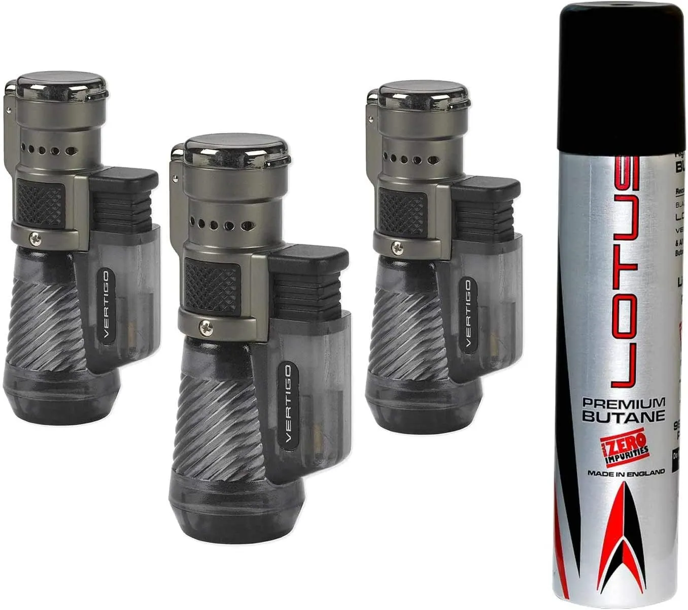 Vertigo Cyclone Triple Torch Cigar Lighter Charcoal or Clear 3 Pack Plus 1 Lotus 90ml Butane Can (Charcoal)