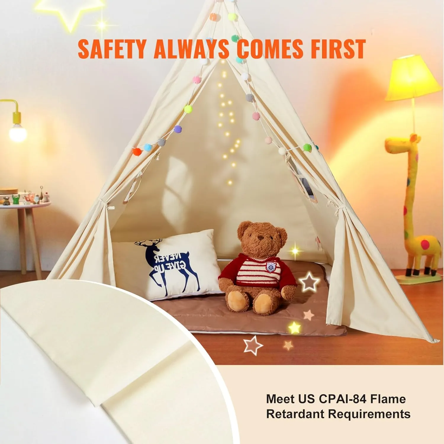 VEVOR Teepee Tent for Kids with Damp-Proof Mat & Decorative Balls, Durable Kids Play Tent Outdoor with 19mm Frame & Non-Slip Bottom, Toddler for Boys and Girls Aged 3 