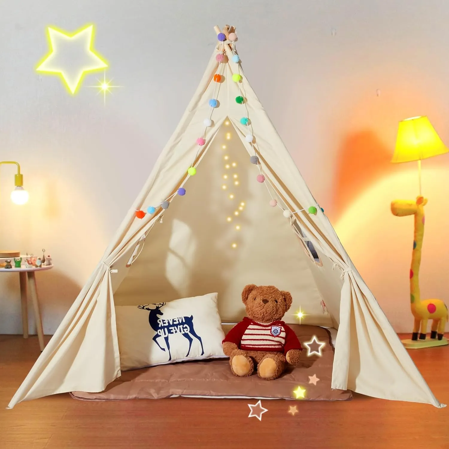 VEVOR Teepee Tent for Kids with Damp-Proof Mat & Decorative Balls, Durable Kids Play Tent Outdoor with 19mm Frame & Non-Slip Bottom, Toddler for Boys and Girls Aged 3 