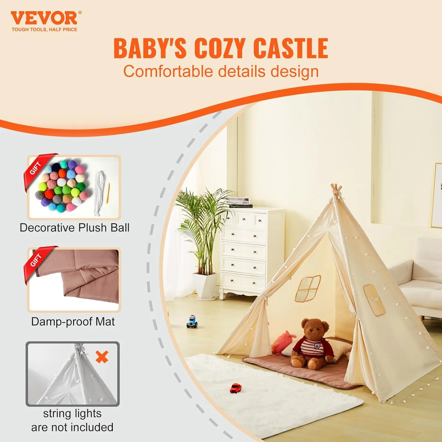 VEVOR Teepee Tent for Kids with Damp-Proof Mat & Decorative Balls, Durable Kids Play Tent Outdoor with 19mm Frame & Non-Slip Bottom, Toddler for Boys and Girls Aged 3 