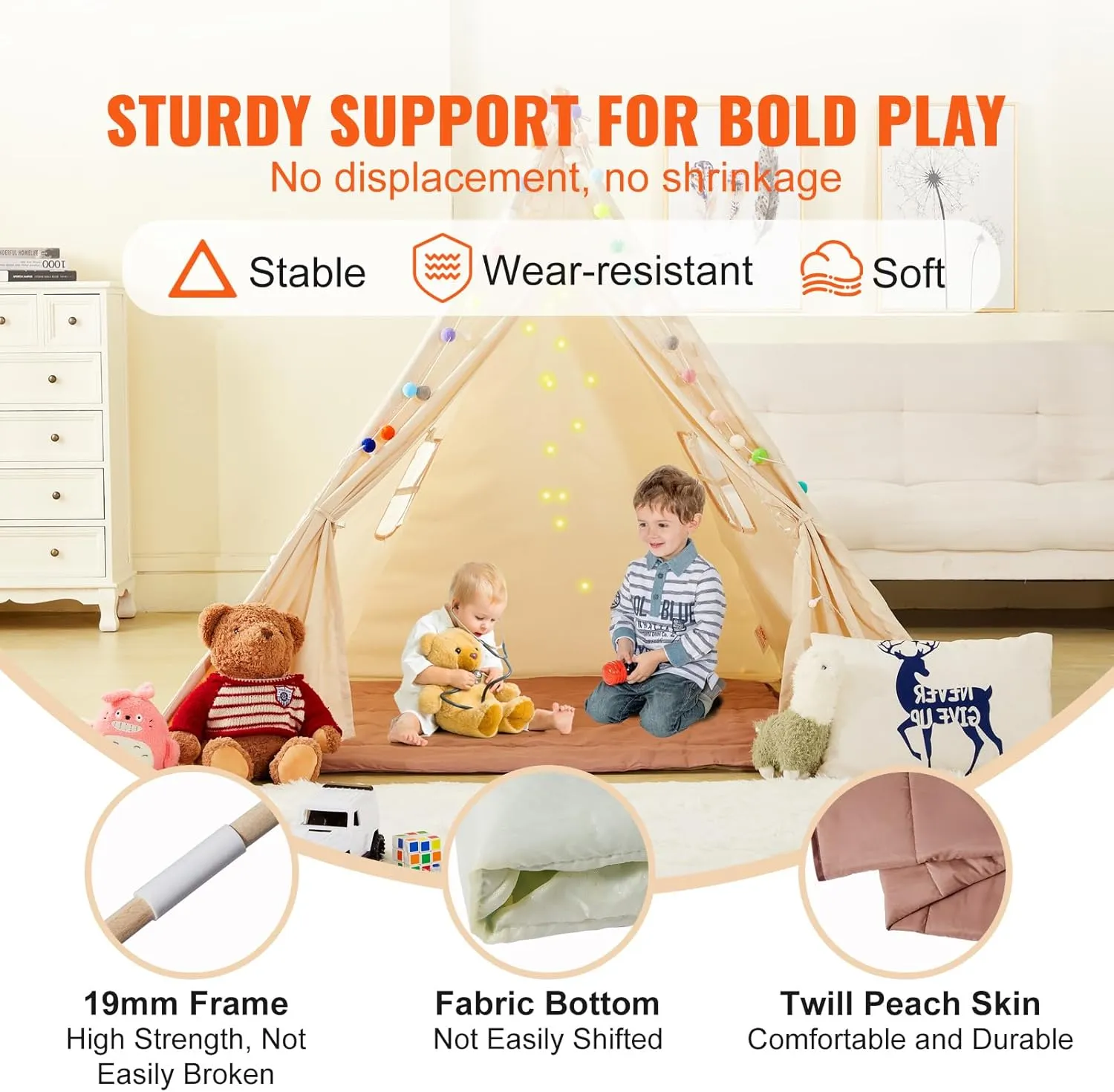 VEVOR Teepee Tent for Kids with Damp-Proof Mat & Decorative Balls, Durable Kids Play Tent Outdoor with 19mm Frame & Non-Slip Bottom, Toddler for Boys and Girls Aged 3 