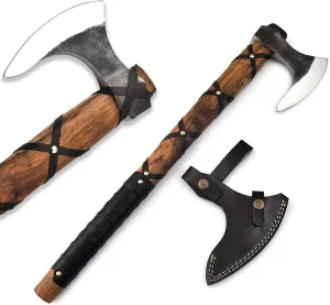 Viking Axe, Tomahawk Axe Viking Hatchet Axe is Crafted from Carbon Steel Blade, Viking Bearded Axe with Leather Wrapping Wooden Handle, Camping Axe with Leather Sheath
