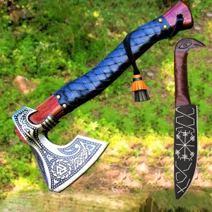 Viking Axe with Gift Viking Knife Sheath | HandForged Carbon Steel Camping Axes and Hatchets Viking Gifts for Men | Bearded Vikings Valhalla Axe (Ax-64)