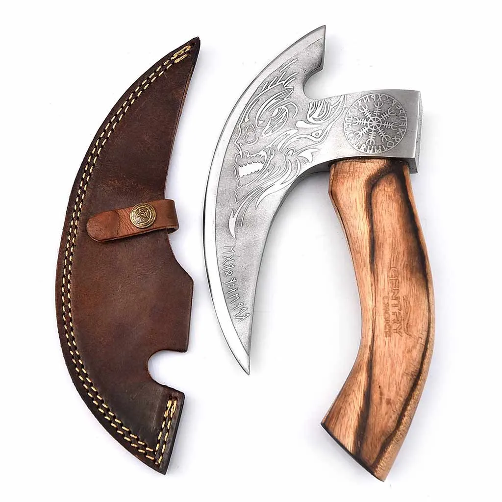 Viking Pizza Cutter with Natural Wood Handle & Leather Sheath PZC031