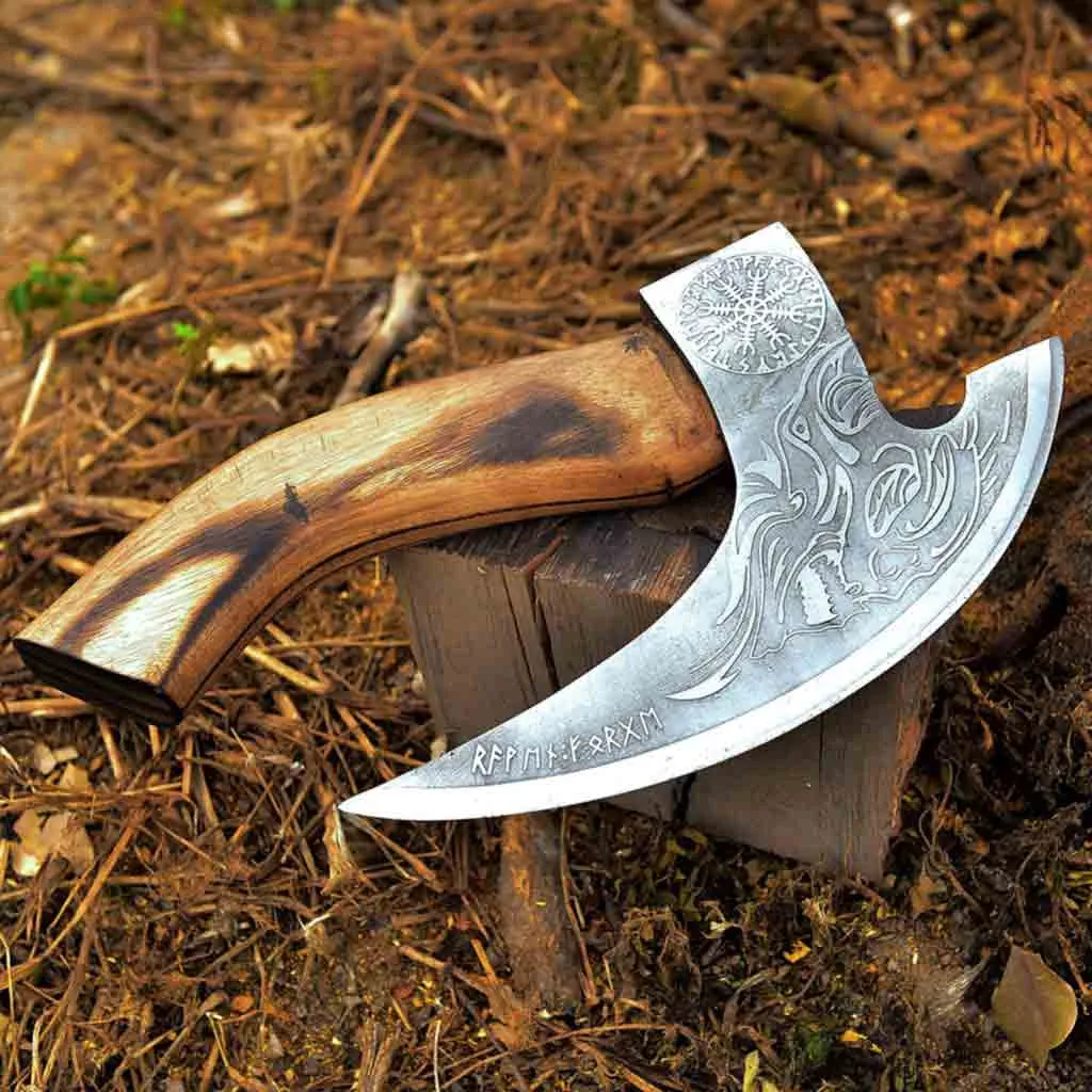 Viking Pizza Cutter with Natural Wood Handle & Leather Sheath PZC031
