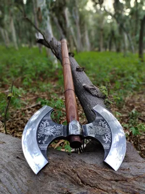 Viking Steel Hand-Forged Double Headed Viking Axe - 28" Carbon Steel Blade with Rosewood Handle, Includes Leather Sheath for Hunting and Wood Cutting