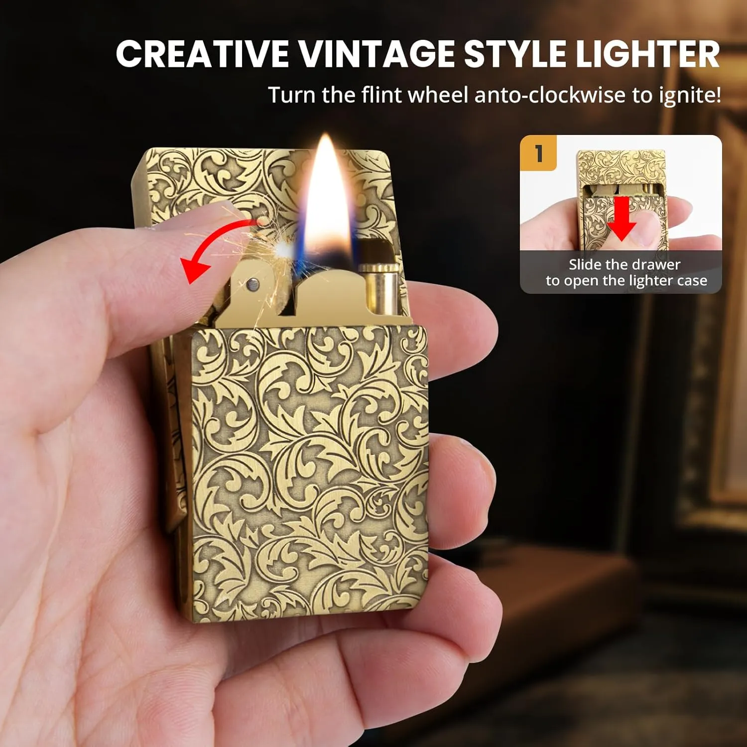 Vintage Lighter, Cool Trench Lighter, Unique Pocket Pipe Lighters with Creative Drawer Design, Antique Matchbox Kerosene Lighters Fluid Refillable, Classic Gift for Men Dad Husband Collection