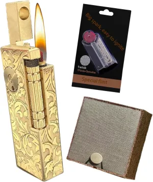 Vintage Trench Petrol Lighter Brass Trench Kerosene Lighters Refillable Soft Flame Lighter with Flints Gift Accessory Set (Sold Without Petrol)(Gold 1)