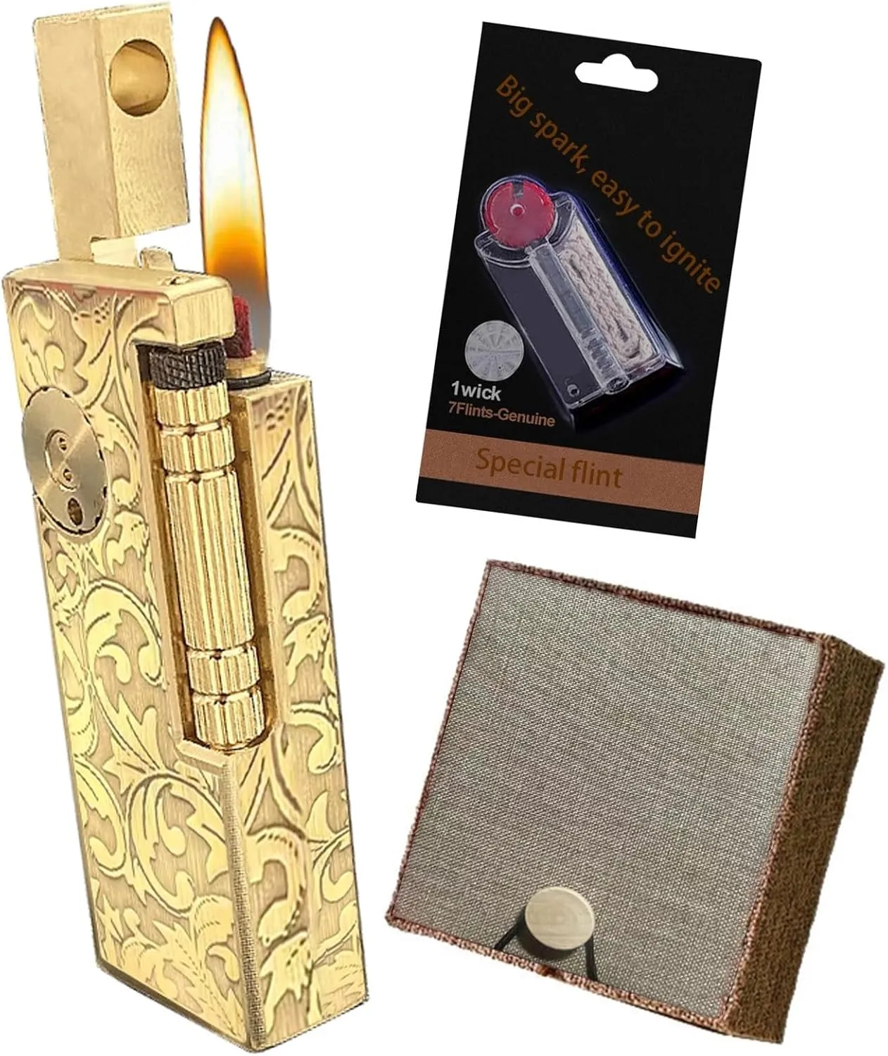 Vintage Trench Petrol Lighter Brass Trench Kerosene Lighters Refillable Soft Flame Lighter with Flints Gift Accessory Set (Sold Without Petrol)(Gold 1)