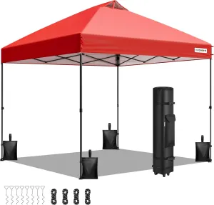 VIVOHOME 10x10ft Pop Up Canopy Tent One Push Setup Outdoor Portable Shelter Tent Heavy Duty with Wheel Carry Bag and 4 Sandbags, Red