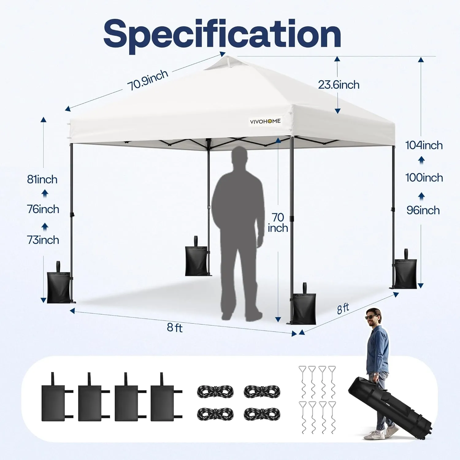VIVOHOME 8x8ft Pop Up Canopy Tent One Push Setup Outdoor Portable Shelter Tent Heavy Duty with Wheel Carry Bag and 4 Sandbags, White