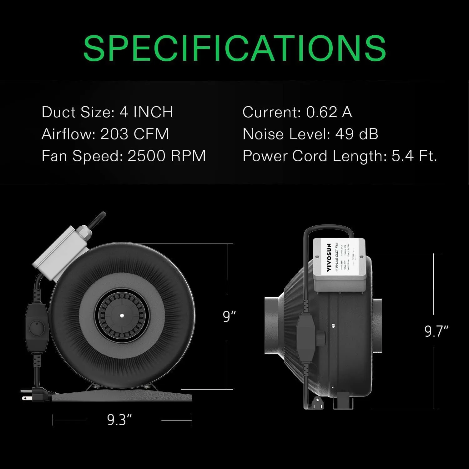 VIVOSUN Z4 4 Inch Inline Duct Fan, 203 CFM Ventilation Fan with Variable Speed Controller for Grow Tent, Indoor Garden Ventilation, Black