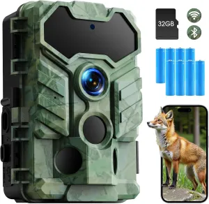 VOOPEAK Trail Camera WiFi, 32MP 1080P Game Camera with 0.1s Trigger Speed - Low Glow IR Night Vision, 130° Wide-Angle, IP66 Waterproof Trail Cam Includes 32GB TF Card Ideal for Wildlife Monitoring