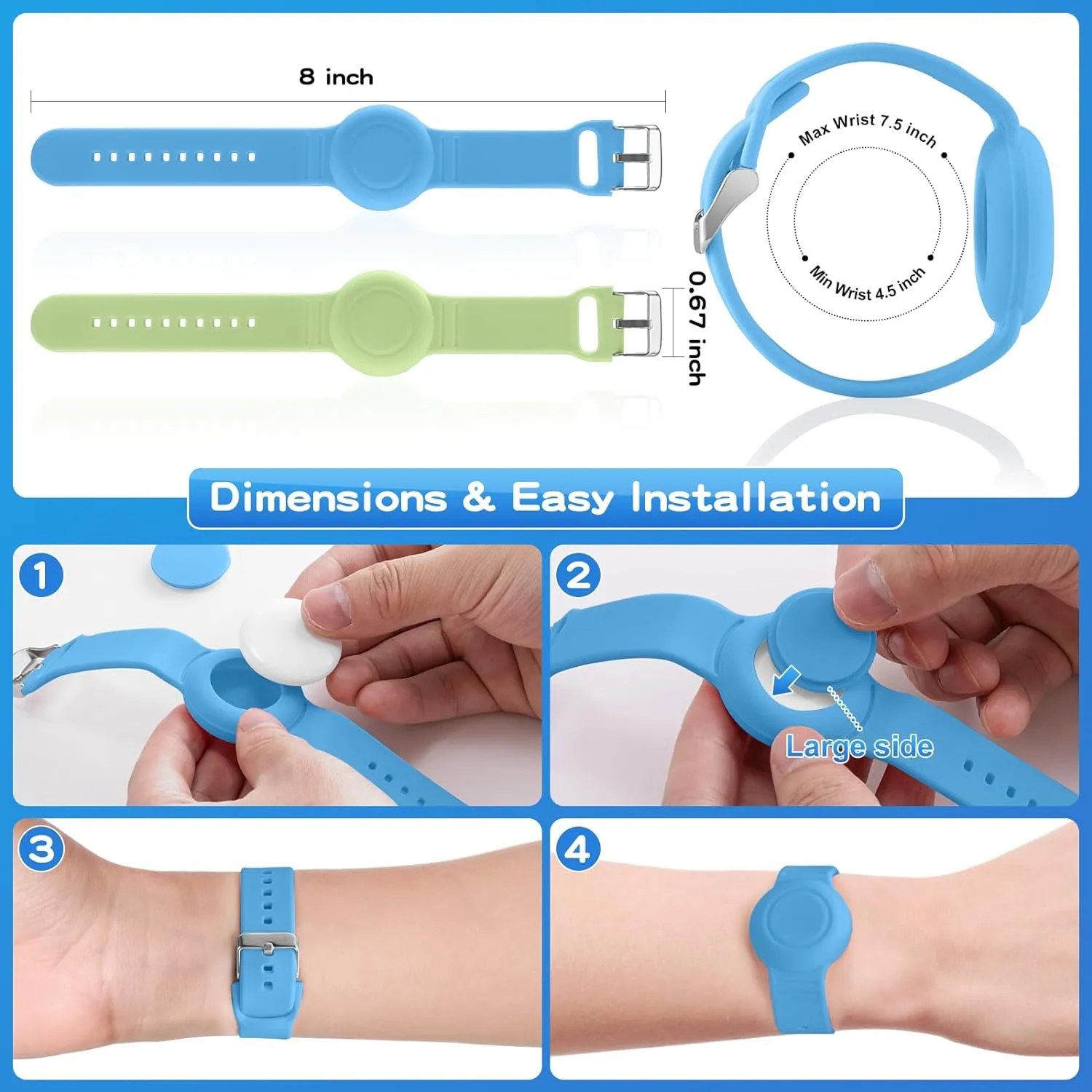 Waterproof Air Tag Bracelets(2 Pack), Soft Silicone Air Tag Hidden, Lightweight GPS Tracker Compatible with Apple AirTag (Grow in Dark Blue & Green)