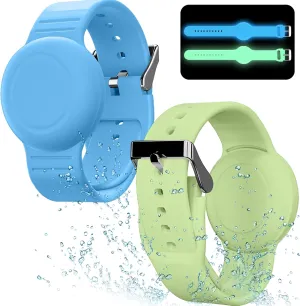 Waterproof Air Tag Bracelets(2 Pack), Soft Silicone Air Tag Hidden, Lightweight GPS Tracker Compatible with Apple AirTag (Grow in Dark Blue & Green)