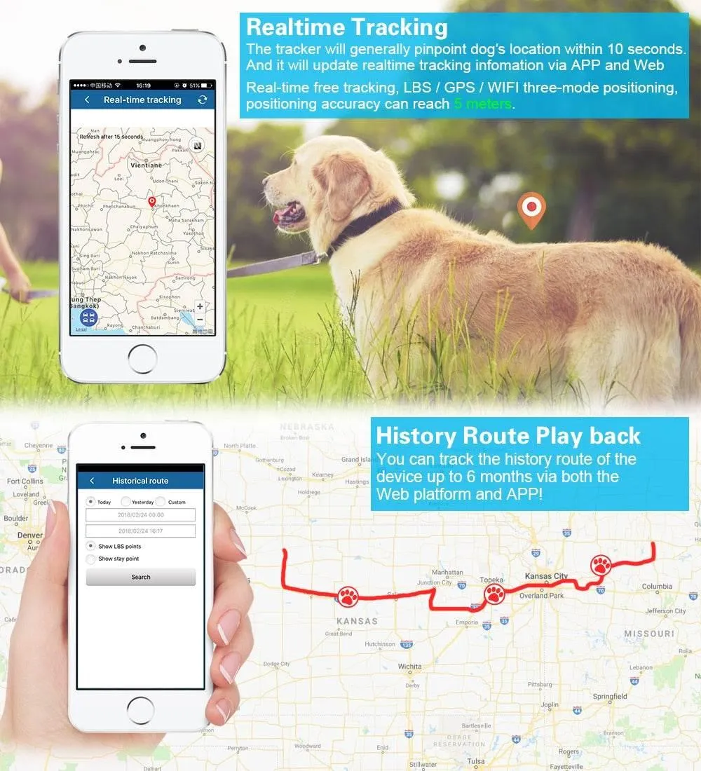 Waterproof GPS Pet Tracker Collar - Location Tracker for Dogs  Cats