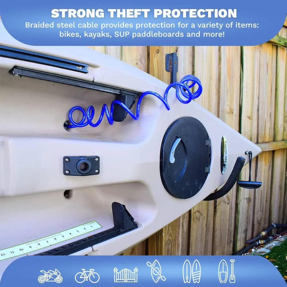 Weatherproof Coiled Security Cable Lock (5ft to 25ft Lengths) with Resettable Combination, Anti-Theft Protection for Kayaks, Bikes, Paddleboards, Scooter, Equipment, Bicycles and More