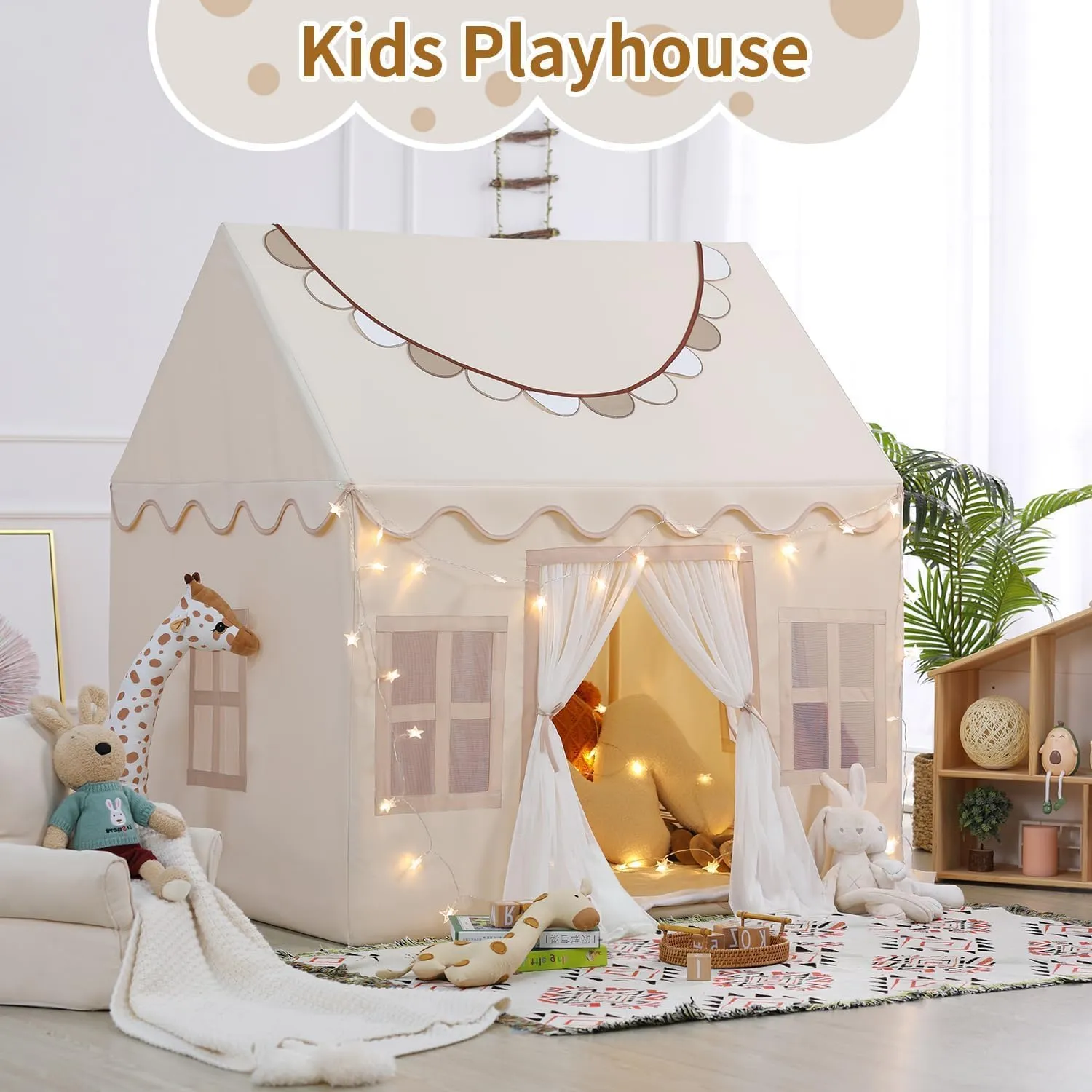 Wilwolfer Play Tent for Kids Indoor - Kids Tent Indoor Toddlers Large Toddler Toy House Birthday Gift for Boys & Girls Playroom Decor (Beige Playhouse with Mat)
