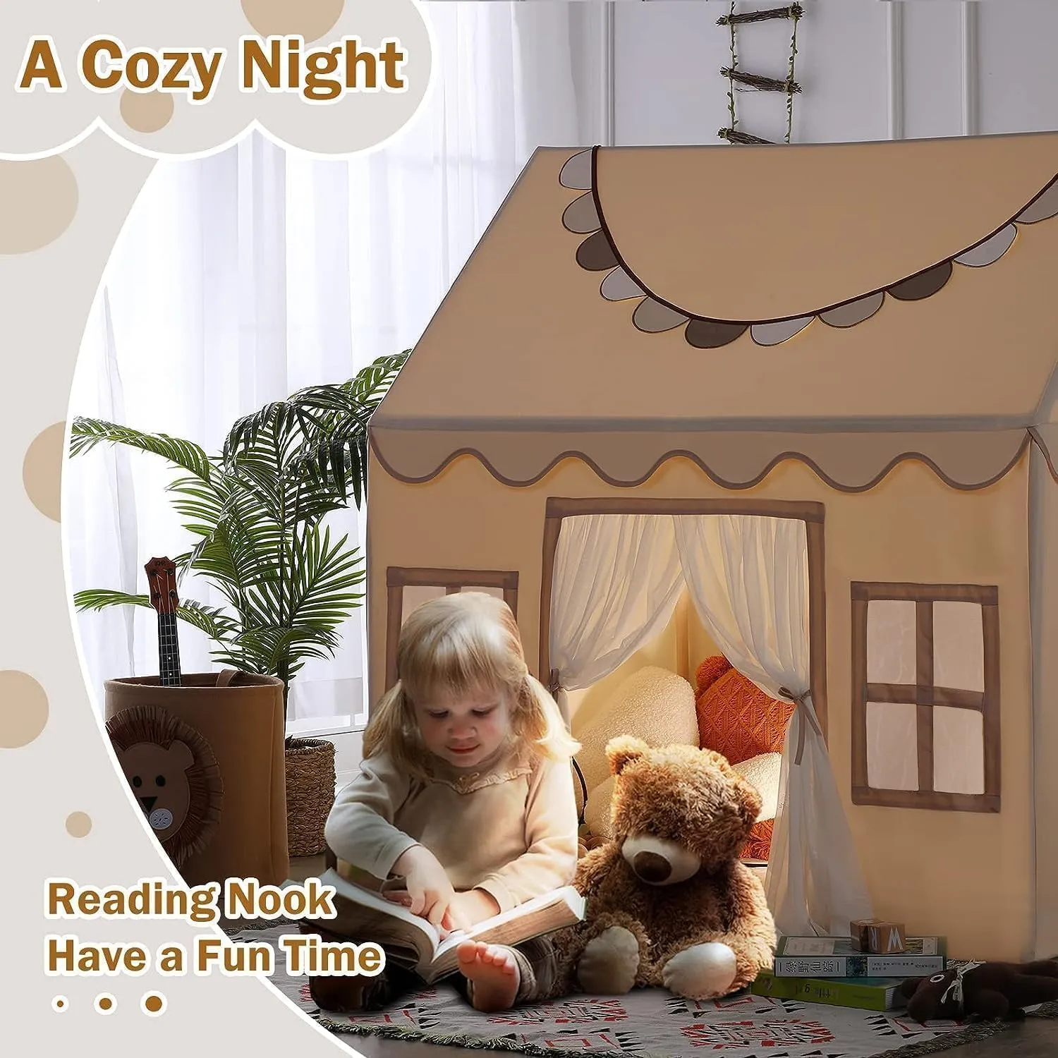 Wilwolfer Play Tent for Kids Indoor - Kids Tent Indoor Toddlers Large Toddler Toy House Birthday Gift for Boys & Girls Playroom Decor (Beige Playhouse with Mat)
